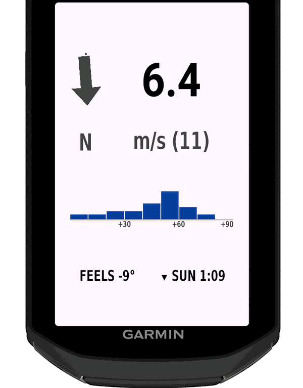 Vind Ride on a Garmin Edge 1050 with a row of rain blocks for the next 90 minutes